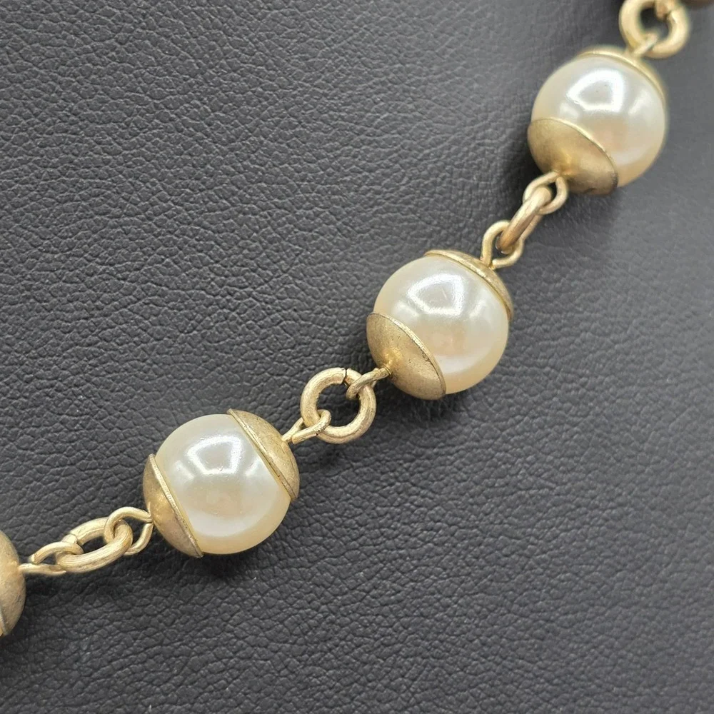 Anne Klein Gold Tone Faux Pearl Bead Cap Link Necklace with Lion Logo Charm